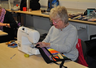 Sally working on her strippy bag